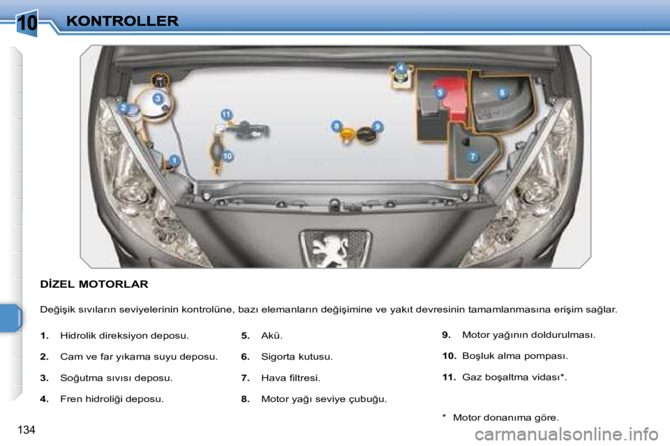 Peugeot 308 2007.5  Kullanım Kılavuzu (in Turkish) 10
�1�3�4
�D�İ�Z�E�L� �M�O�T�O�R�L�A�R
�D�e�ğ�i�ş�i�k� �s�ı�v�ı�l�a�r�ı�n� �s�e�v�i�y�e�l�e�r�i�n�i�n� �k�o�n�t�r�o�l�ü�n�e�,� �b�a�z�ı� �e�l�e�m�a�n�l�a�r�ı�n� �d�e�ğ�i�ş�i�m�i�n�e� �v�e� 