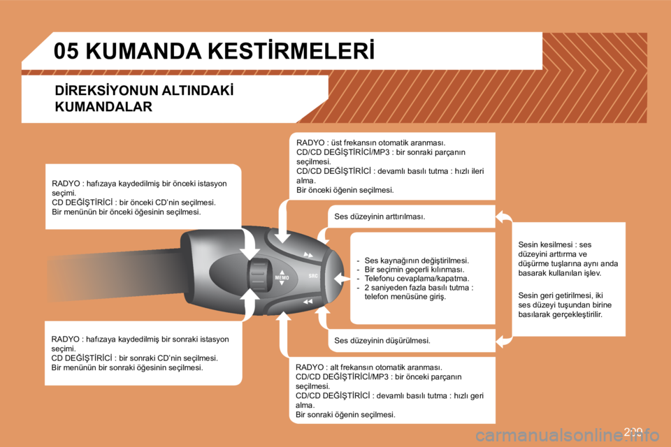 Peugeot 308 2007.5  Kullanım Kılavuzu (in Turkish) �2�0�9
05
�R�A�D�Y�O� �:� �h�a�f�ı�z�a�y�a� �k�a�y�d�e�d�i�l�m�i�ş� �b�i�r� �s�o�n�r�a�k�i� �i�s�t�a�s�y�o�n� �s�e�ç�i�m�i�.�C�D� �D�E�Ğ�İ�Ş�T�İ�R�İ�C�İ� �:� �b�i�r� �s�o�n�r�a�k�i� �C�D�’�