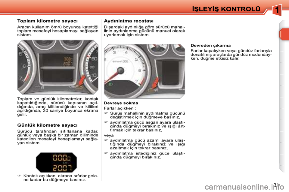 Peugeot 308 2007.5  Kullanım Kılavuzu (in Turkish) 31
�T�o�p�l�a�m� �k�i�l�o�m�e�t�r�e� �s�a�y�a�c�ı
�A�r�a�c�ı�n� �k�u�l�l�a�n�ı�m� �ö�m�r�ü� �b�o�y�u�n�c�a� �k�a�t�e�t�t�i�ğ�i� �t�o�p�l�a�m� �m�e�s�a�f�e�y�i� �h�e�s�a�p�l�a�m�a�y�ı� �s�a�ğ�l