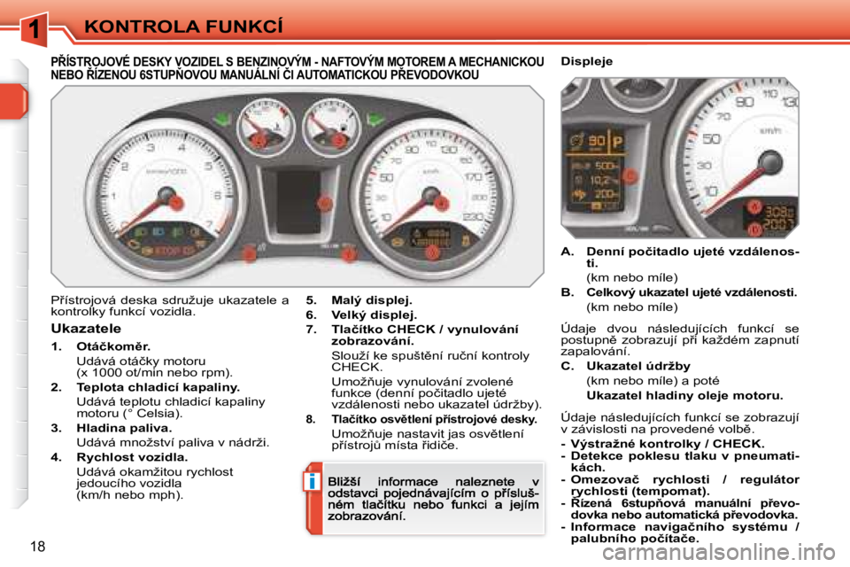 Peugeot 308 2007.5  Návod k obsluze (in Czech) i
18
KONTROLA FUNKCÍ
�P8�Í�S�T�R�O�J�O�V�É� �D�E�S�K�Y� �V�O�Z�I�D�E�L� �S� �B�E�N�Z�I�N�O�V�Ý�M� �-� �N�A�F�T�O�V�Ý�M� �M�O�T�O�R�E�M� �A� �M�E�C�H�A�N�I�C�K�O�U� 
�N�E�B�O� 8�Í�Z�E�N�O�U� �6