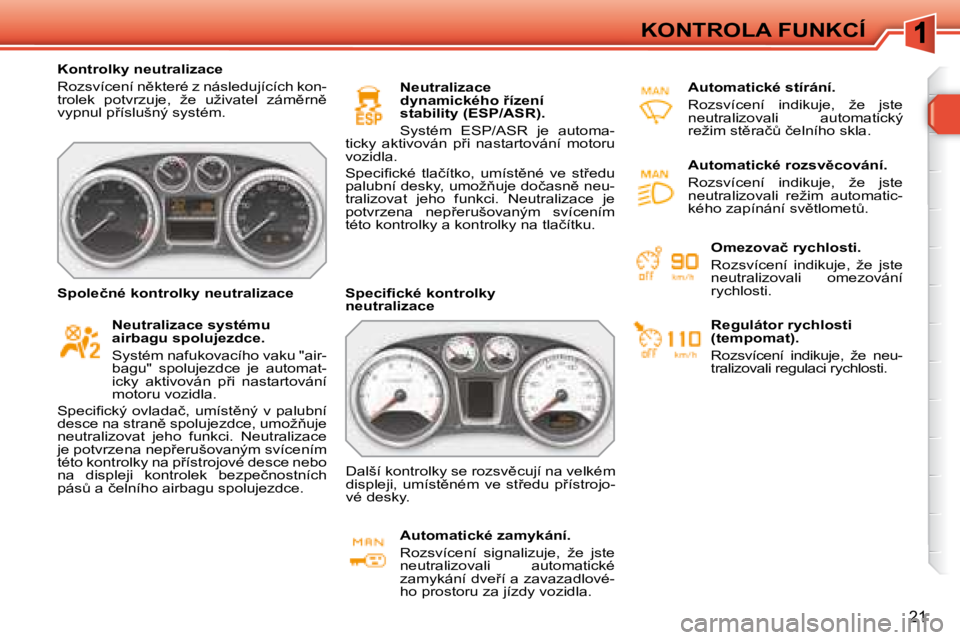 Peugeot 308 2007.5  Návod k obsluze (in Czech) 21
KONTROLA FUNKCÍ
�K�o�n�t�r�o�l�k�y� �n�e�u�t�r�a�l�i�z�a�c�e
�R�o�z�s�v�í�c�e�n�í� �n)�k�t�e�r�é� �z� �n�á�s�l�e�d�u�j�í�c�í�c�h� �k�o�n�-�t�r�o�l�e�k�  �p�o�t�v�r�z�u�j�e�,�  �ž�e�  �u�ž