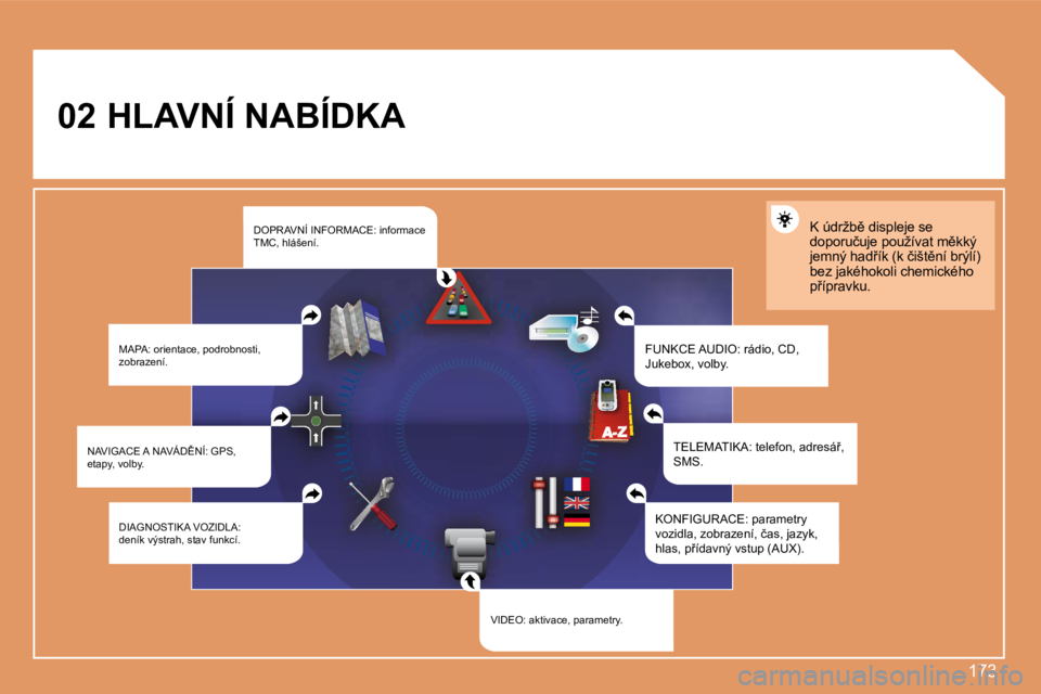 Peugeot 308 2007.5  Návod k obsluze (in Czech) �1�7�3
02HLAVNÍ NABÍDKA
�M�A�P�A�:� �o�r�i�e�n�t�a�c�e�,� �p�o�d�r�o�b�n�o�s�t�i�,� �z�o�b�r�a�z�e�n�í�.�F�U�N�K�C�E� �A�U�D�I�O�:� �r�á�d�i�o�,� �C�D�,� �J�u�k�e�b�o�x�,� �v�o�l�b�y�.
�K� �ú�d�r