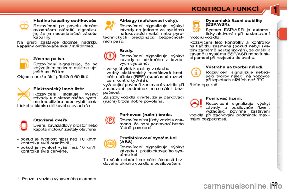Peugeot 308 2007.5  Návod k obsluze (in Czech) KONTROLA FUNKCÍ
�A�i�r�b�a�g�y� �(�n�a�f�u�k�o�v�a�c�í� �v�a�k�y�)�.
�R�o�z�s�v�í�c�e�n�í�  �s�i�g�n�a�l�i�z�u�j�e�  �v�ý�s�k�y�t� �z�á�v�a�d�y�  �n�a�  �j�e�d�n�o�m�  �z�e�  �s�y�s�t�é�mA� �n