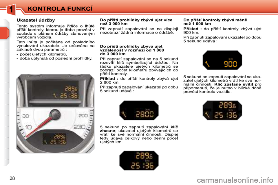 Peugeot 308 2007.5  Návod k obsluze (in Czech) 28
KONTROLA FUNKCÍ
�U�k�a�z�a�t�e�l� �ú�d�r�ž�b�y
�T�e�n�t�o�  �s�y�s�t�é�m�  �i�n�f�o�r�m�u�j�e�  9�i�d�i�č�e�  �o�  �l�hA�t)� �p9�í�š�t�í� �k�o�n�t�r�o�l�y�,� �k�t�e�r�o�u� �j�e� �t9�e�