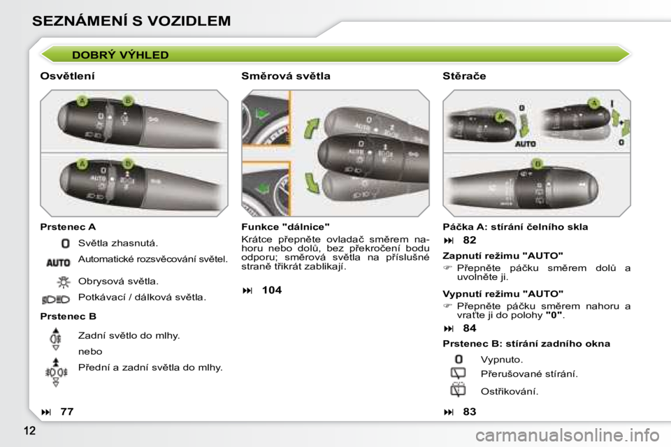 Peugeot 308 2007.5  Návod k obsluze (in Czech) SEZNÁMENÍ S VOZIDLEMDOBRÝ VÝHLED
�O�s�v)�t�l�e�n�í
�P�r�s�t�e�n�e�c� �A
�P�r�s�t�e�n�e�c� �B
�F�u�n�k�c�e� �"�d�á�l�n�i�c�e�"
�K�r�á�t�c�e�  �p9�e�p�n)�t�e�  �o�v�l�a�d�a�č�  �s�m)