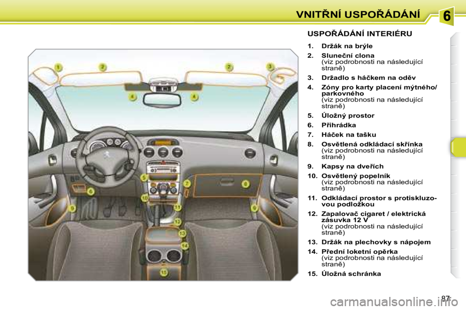 Peugeot 308 2007.5  Návod k obsluze (in Czech) �8�7
�V�N�I�T8�N�Í� �U�S�P�O8�Á�D�Á�N�Í�U�S�P�O8�Á�D�Á�N�Í� �I�N�T�E�R�I�É�R�U
�1�.�  �D�r�ž�á�k� �n�a� �b�r�ý�l�e
�2�.�  �S�l�u�n�e�č�n�í� �c�l�o�n�a�(�v�i�z� �p�o�d�r�o�b�n�o�s�t�i� 