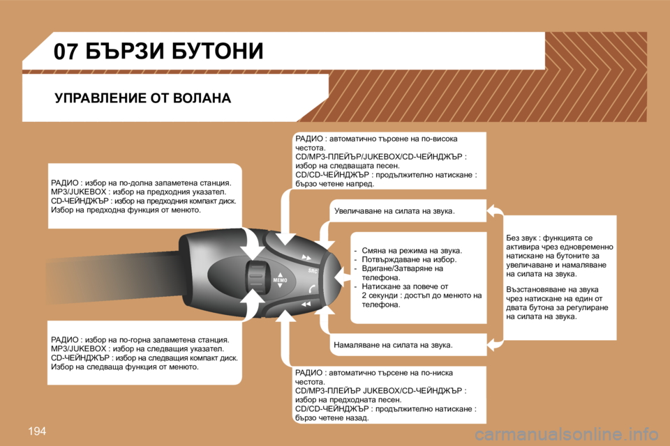 Peugeot 308 2007.5  Ръководство за експлоатация (in Bulgarian) �1�9�4
�0�7
gW>_e� �:� baxhà� gw� ih�-^hegw� awiwf_l_gw� klwgpby�.cg�3�/�J�U�K�E�B�O�X� �:� baxhà� gw� ià_^oh^gby� mdwawl_e�.�C�D�-n