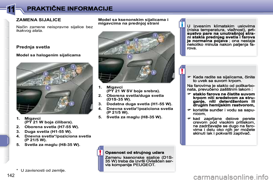 Peugeot 308 2007.5  Упутство за употребу (in Serbian) 11
i
!
!
142
�*�  �U� �z�a�v�i�s�n�o�s�t�i� �o�d� �z�e�m�l�j�e�.
�Z�A�M�E�N�A� �S�I�J�A�L�I�C�E
�N�a�č�i�n�  �z�a�m�e�n�e�  �n�e�i�s�p�r�a�v�n�e�  �s�i�j�a�l�i�c�e�  �b�e�z� �i�k�a�k�v�o�g� �a�l�a�t�