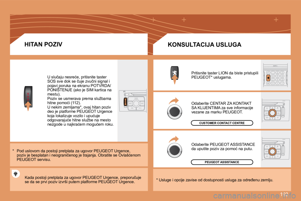 Peugeot 308 2007.5  Упутство за употребу (in Serbian) 193
�H�I�T�A�N� �P�O�Z�I�V
*  Pod uslovom da postoji pretplata za ugovor PEUGEOT Urgence, EOT�p�o�z�i�v� �j�e� �b�e�s�p�l�a�t�a�n� �i� �n�e�o�g�r�a�n�i�č�e�n�o�g� �j�e� �t�r�a�j�a�n�j�a�.� �O�b�r�a�t