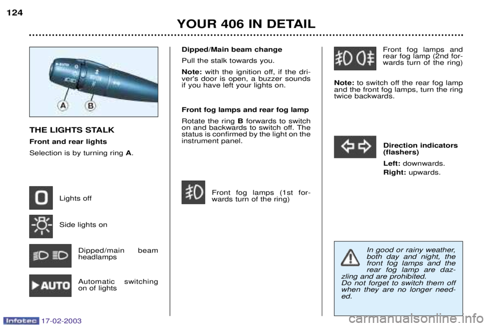 Peugeot 406 2003  Owners Manual 17-02-2003
Front fog lamps and rear fog lamp (2nd for-wards turn of the ring)
Note: to switch off the rear fog lamp
and the front fog lamps, turn the ringtwice backwards.
Direction indicators(flashers