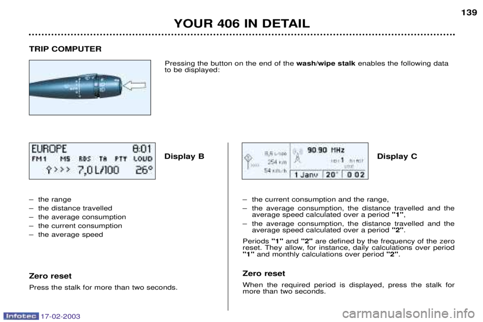 Peugeot 406 2003  Owners Manual 17-02-2003
TRIP COMPUTERDisplay B Display C
Ð the range 
Ð the distance travelled
Ð the average consumption
Ð the current consumption
Ð the average speed Zero reset Press the stalk for more than 