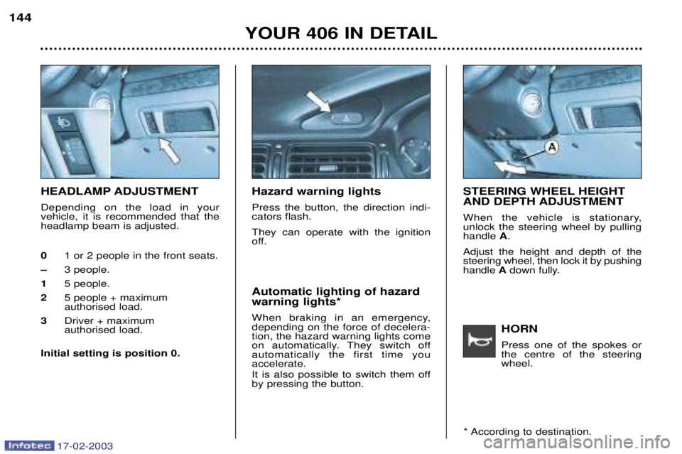 Peugeot 406 2003  Owners Manual 17-02-2003
HORN Press one of the spokes or the centre of the steeringwheel.
HEADLAMP ADJUSTMENT Depending on the load in your vehicle, it is recommended that theheadlamp beam is adjusted.0 1 or 2 peop