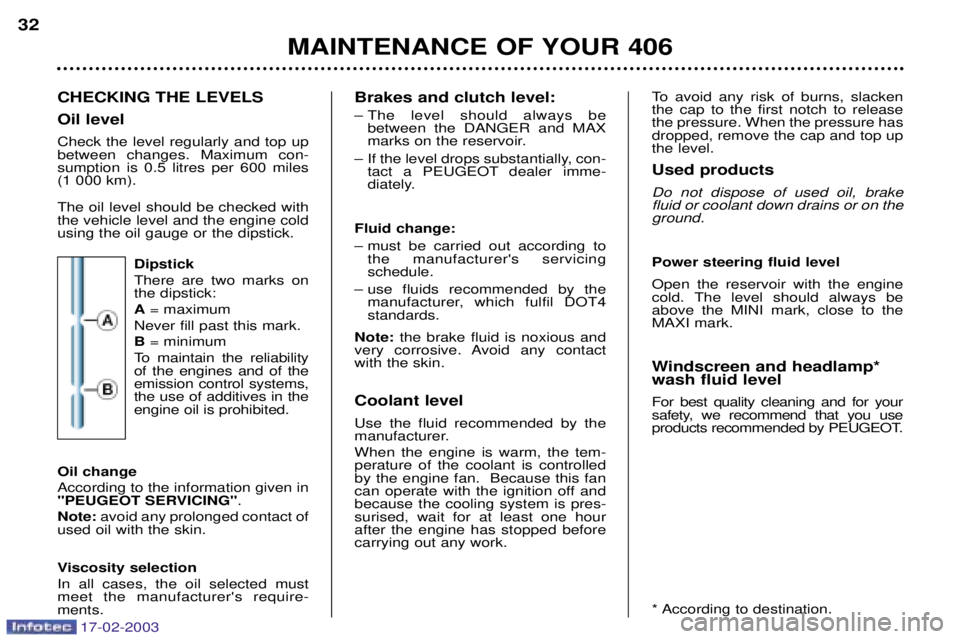 Peugeot 406 2003  Owners Manual 17-02-2003
CHECKING THE LEVELS Oil levelCheck the level regularly and top up between changes. Maximum con-sumption is 0.5 litres per 600 miles(1 000 km). The oil level should be checked with the vehic