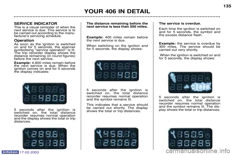 Peugeot 406 2003 User Guide SERVICE INDICATOR This is a visual reminder of when the 
next service is due. This service is tobe carried out according to the manu-facturers servicing schedule. Operation As soon as the ignition is