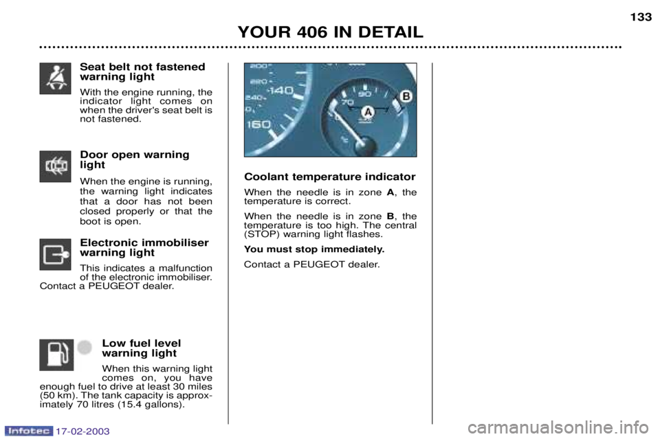 Peugeot 406 2003 Owners Guide 17-02-2003
Door open warning light
When the engine is running, the warning light indicatesthat a door has not been
closed properly or that theboot is open.
Electronic immobiliserwarning light This ind Peugeot 406 2003 Owners Guide 17-02-2003
Door open warning light
When the engine is running, the warning light indicatesthat a door has not been
closed properly or that theboot is open.
Electronic immobiliserwarning light This ind