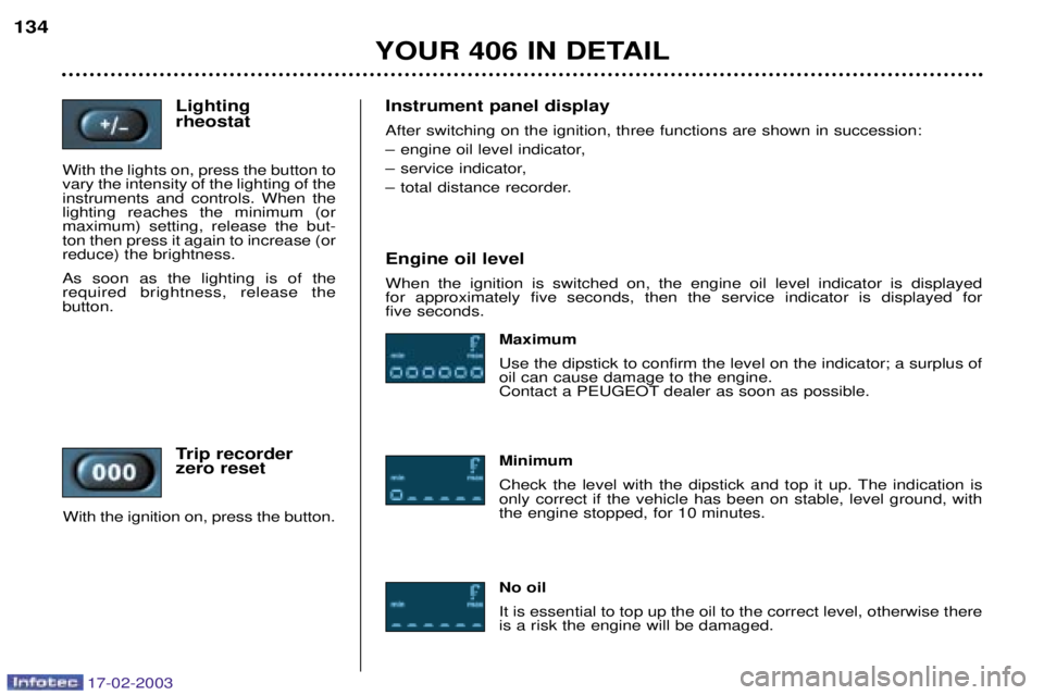 Peugeot 406 2003  Owners Manual 17-02-2003
Lighting  rheostat
With the lights on, press the button to vary the intensity of the lighting of theinstruments and controls. When thelighting reaches the minimum (ormaximum) setting, relea