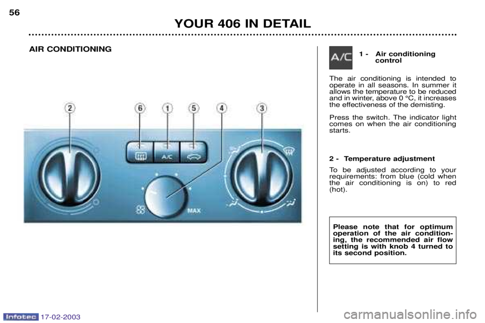 Peugeot 406 2003 Manual Online 17-02-2003
Press the switch. The indicator light comes on when the air conditioningstarts.
1 - Air conditioning control
The air conditioning is intended to operate in all seasons. In summer itallows t Peugeot 406 2003 Manual Online 17-02-2003
Press the switch. The indicator light comes on when the air conditioningstarts.
1 - Air conditioning control
The air conditioning is intended to operate in all seasons. In summer itallows t