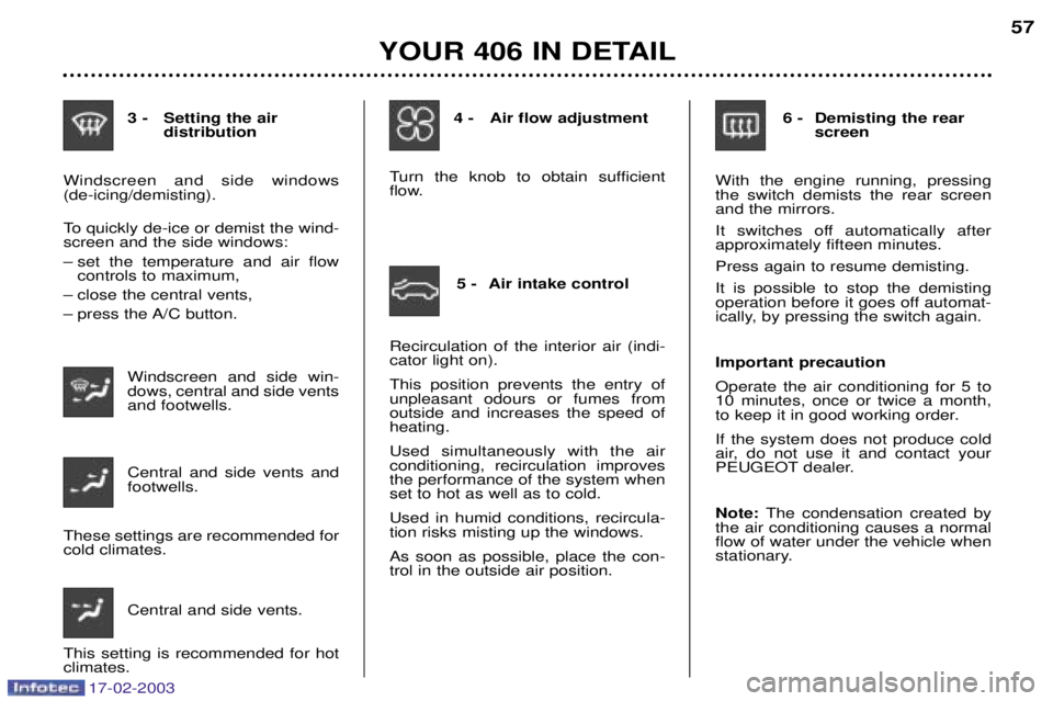 Peugeot 406 2003 Manual Online 17-02-2003
3 - Setting the air distribution
Windscreen and side windows (de-icing/demisting).
To quickly de-ice or demist the wind- screen and the side windows:
Ð set the temperature and air flow Peugeot 406 2003 Manual Online 17-02-2003
3 - Setting the air distribution
Windscreen and side windows (de-icing/demisting).
To quickly de-ice or demist the wind- screen and the side windows:
Ð set the temperature and air flow