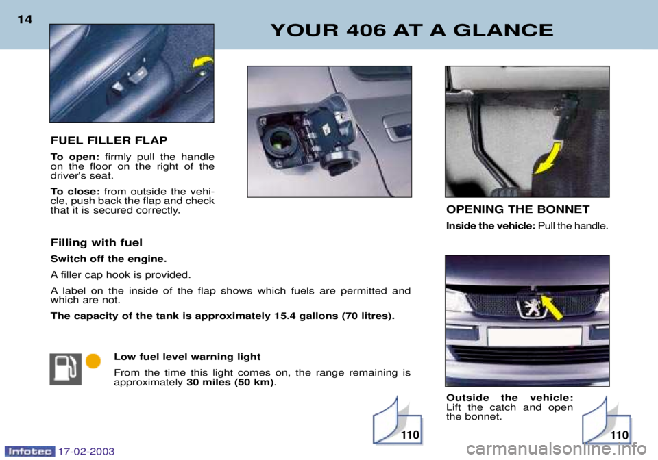 Peugeot 406 2003 Owners Manual 17-02-2003
FUEL FILLER FLAP
To open:firmly pull the handle
on the floor on the right of the drivers seat.
To close: from outside the vehi-
cle, push back the flap and check
that it is secured corr Peugeot 406 2003 Owners Manual 17-02-2003
FUEL FILLER FLAP
To open:firmly pull the handle
on the floor on the right of the drivers seat.
To close: from outside the vehi-
cle, push back the flap and check
that it is secured corr