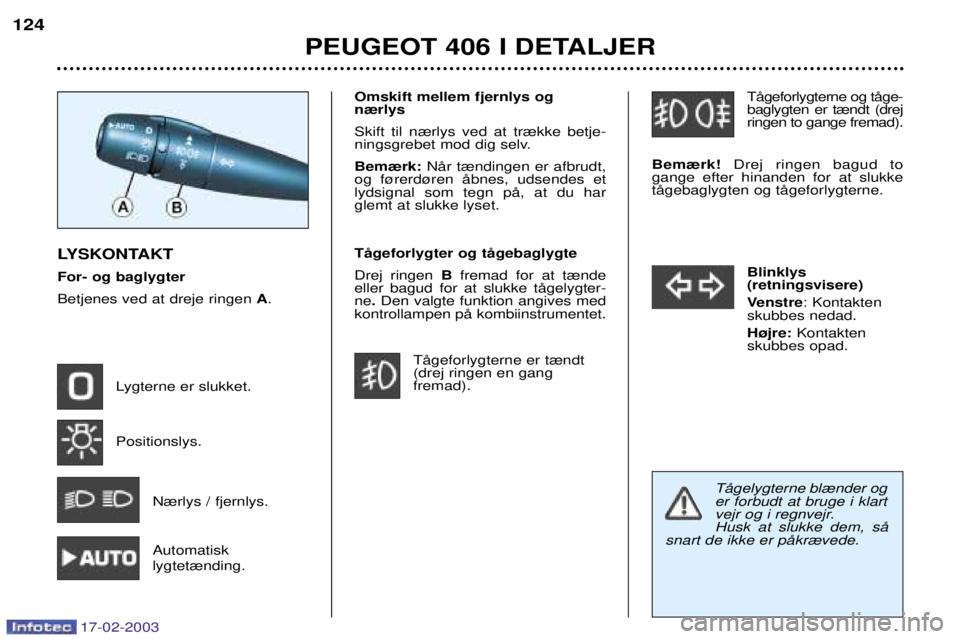 Peugeot 406 2003  Instruktionsbog (in Danish) 17-02-2003
TŒgeforlygterne og tŒge- baglygten er t¾ndt (drejringen to gange fremad).
Bem¾rk! Drej ringen bagud to
gange efter hinanden for at slukketŒgebaglygten og tŒgeforlygterne.
Blinklys (re