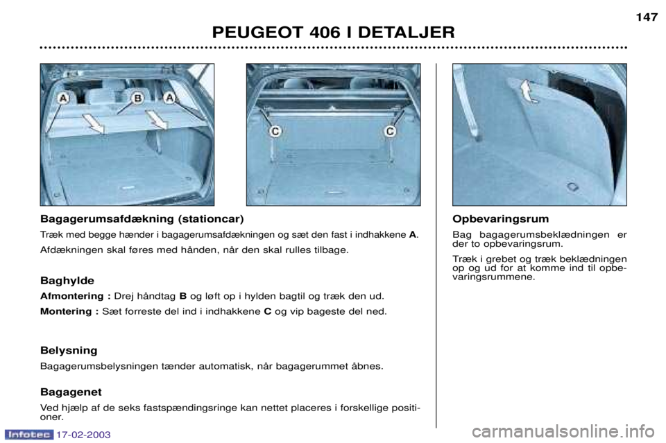 Peugeot 406 2003  Instruktionsbog (in Danish) 17-02-2003
Bagagerumsafd¾kning (stationcar)
Tr¾k med begge h¾nder i bagagerumsafd¾kningen og s¾t den fast i indhakkene A.
Afd¾kningen skal f¿res med hŒnden, nŒr den skal rulles tilbage. Opbev