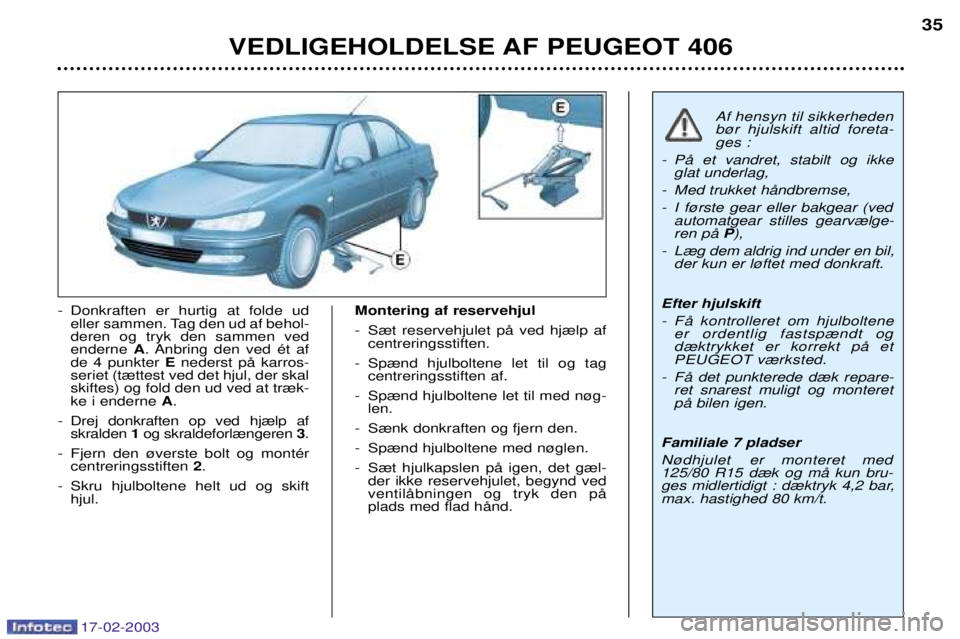 Peugeot 406 2003  Instruktionsbog (in Danish) 17-02-2003
VEDLIGEHOLDELSE AF PEUGEOT 40635
- Donkraften er hurtig at folde ud
eller sammen. Tag den ud af behol- deren og tryk den sammen vedenderne  A. Anbring den ved Žt af
de 4 punkter  Enederst 