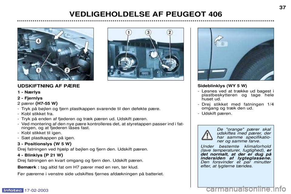 Peugeot 406 2003  Instruktionsbog (in Danish) 17-02-2003
De "orange" p¾rer skal 
udskiftes med p¾rer, derhar samme specifikatio-ner og samme farve. 
Under bestemte klimaforhold
(lave temperaturer, fugtighed),  er
det normalt, at der er dug pŒi
