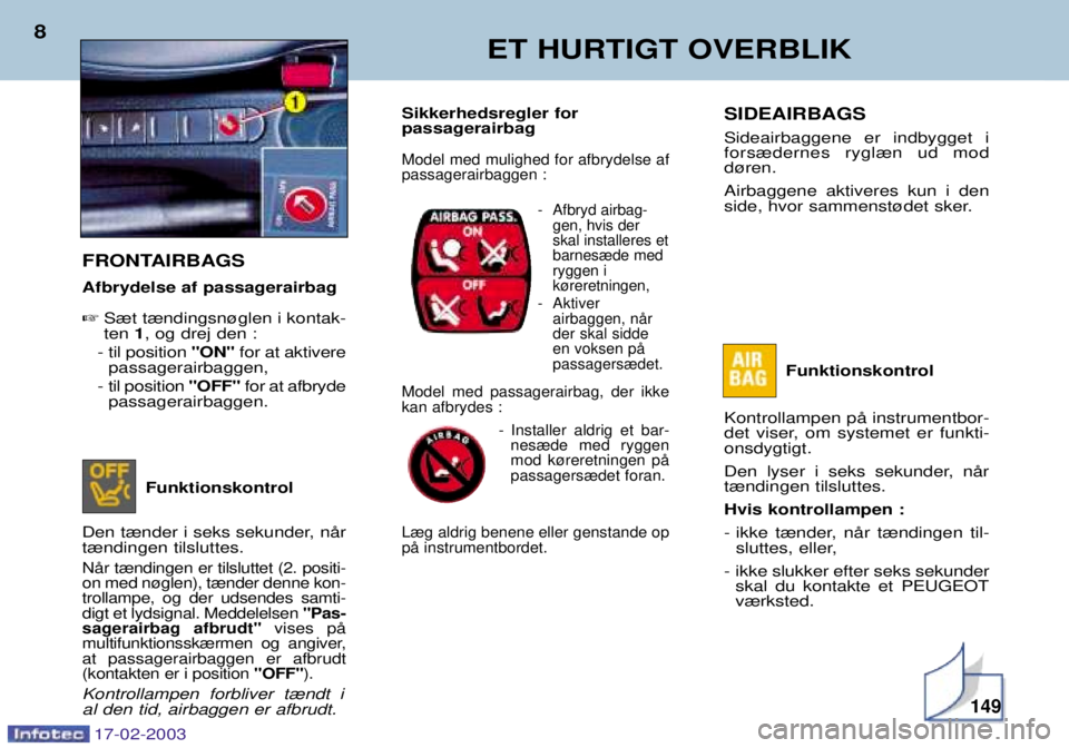 Peugeot 406 2003  Instruktionsbog (in Danish) 17-02-2003
ET HURTIGT OVERBLIK
8
SIDEAIRBAGS 
Sideairbaggene er indbygget i fors¾dernes rygl¾n ud modd¿ren. Airbaggene aktiveres kun i den 
side, hvor sammenst¿det sker.
Funktionskontrol
Kontrolla