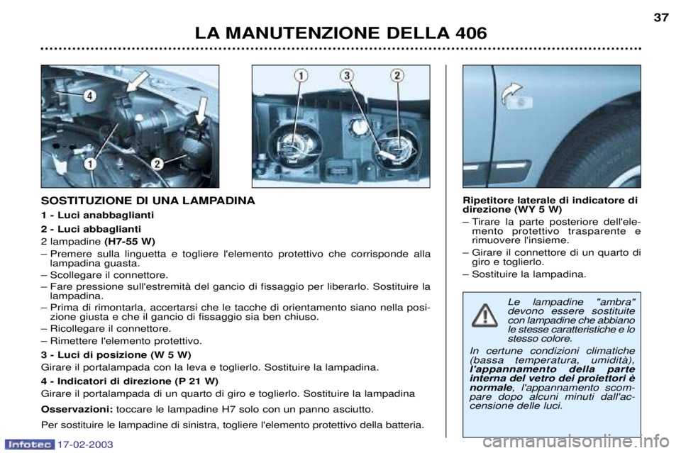 Peugeot 406 2003  Manuale del proprietario (in Italian) 17-02-2003
Le lampadine "ambra" devono essere sostituitecon lampadine che abbianole stesse caratteristiche e lostesso colore.
In certune condizioni climatiche(bassa temperatura, umiditˆ),lappannamen
