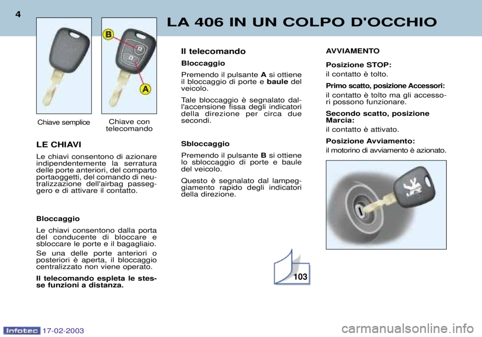 Peugeot 406 2003 Manuale del proprietario (in Italian) 17-02-2003
LE CHIAVI Le chiavi consentono di azionare indipendentemente la serraturadelle porte anteriori, del compartoportaoggetti, del comando di neu-tralizzazione dellairbag passeg-gero e di attiv Peugeot 406 2003 Manuale del proprietario (in Italian) 17-02-2003
LE CHIAVI Le chiavi consentono di azionare indipendentemente la serraturadelle porte anteriori, del compartoportaoggetti, del comando di neu-tralizzazione dellairbag passeg-gero e di attiv
