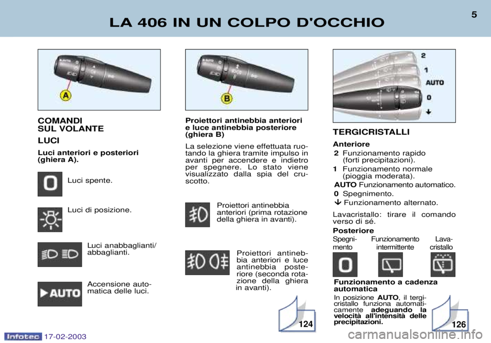 Peugeot 406 2003  Manuale del proprietario (in Italian) Funzionamento a cadenza automatica In posizione AUTO, il tergi-
cristallo funziona automati- camente  adeguando la
velocitˆ allintensitˆ delleprecipitazioni.
Proiettori antinebbia anteriori e luce 