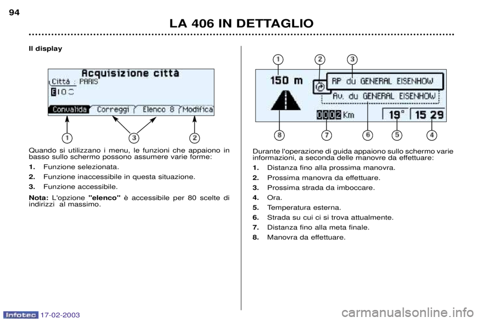 Peugeot 406 2003 Manuale del proprietario (in Italian) 17-02-2003
Il display Quando si utilizzano i menu, le funzioni che appaiono in basso sullo schermo possono assumere varie forme: 1.Funzione selezionata.
2. Funzione inaccessibile in questa situazione. Peugeot 406 2003 Manuale del proprietario (in Italian) 17-02-2003
Il display Quando si utilizzano i menu, le funzioni che appaiono in basso sullo schermo possono assumere varie forme: 1.Funzione selezionata.
2. Funzione inaccessibile in questa situazione.