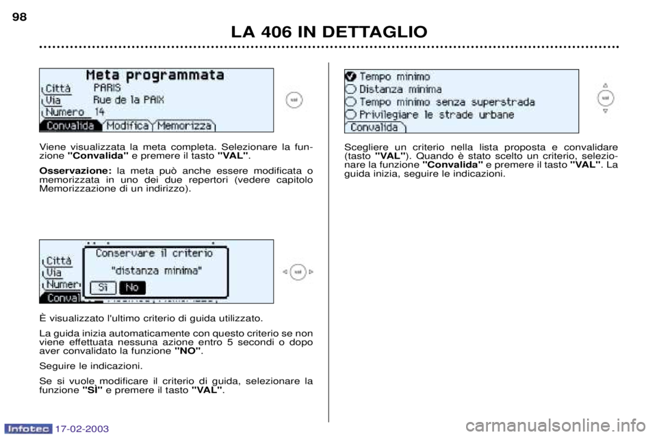 Peugeot 406 2003 Manuale del proprietario (in Italian) 17-02-2003
LA 406 IN DETTAGLIO
98
Viene visualizzata la meta completa. Selezionare la fun- zione "Convalida" e premere il tasto "VAL".
Osservazione: la meta pu˜ anche essere modificata o
memorizzat Peugeot 406 2003 Manuale del proprietario (in Italian) 17-02-2003
LA 406 IN DETTAGLIO
98
Viene visualizzata la meta completa. Selezionare la fun- zione "Convalida" e premere il tasto "VAL".
Osservazione: la meta pu˜ anche essere modificata o
memorizzat