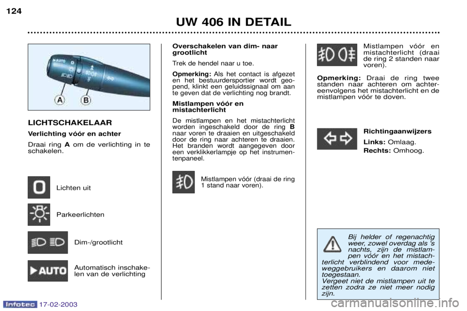 Peugeot 406 2003 Handleiding (in Dutch) 17-02-2003
Mistlampen v——r en mistachterlicht (draaide ring 2 standen naarvoren).
Opmerking: Draai de ring twee
standen naar achteren om achter-eenvolgens het mistachterlicht en demistlampen v— Peugeot 406 2003 Handleiding (in Dutch) 17-02-2003
Mistlampen v——r en mistachterlicht (draaide ring 2 standen naarvoren).
Opmerking: Draai de ring twee
standen naar achteren om achter-eenvolgens het mistachterlicht en demistlampen v—