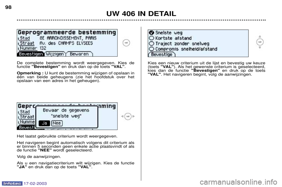 Peugeot 406 2003 Handleiding (in Dutch) 17-02-2003
UW 406 IN DETAIL
98
De complete bestemming wordt weergegeven. Kies de functie "Bevestigen" en druk dan op de toets "VAL".
Opmerking : U kunt de bestemming wijzigen of opslaan in
ŽŽn va Peugeot 406 2003 Handleiding (in Dutch) 17-02-2003
UW 406 IN DETAIL
98
De complete bestemming wordt weergegeven. Kies de functie "Bevestigen" en druk dan op de toets "VAL".
Opmerking : U kunt de bestemming wijzigen of opslaan in
ŽŽn va