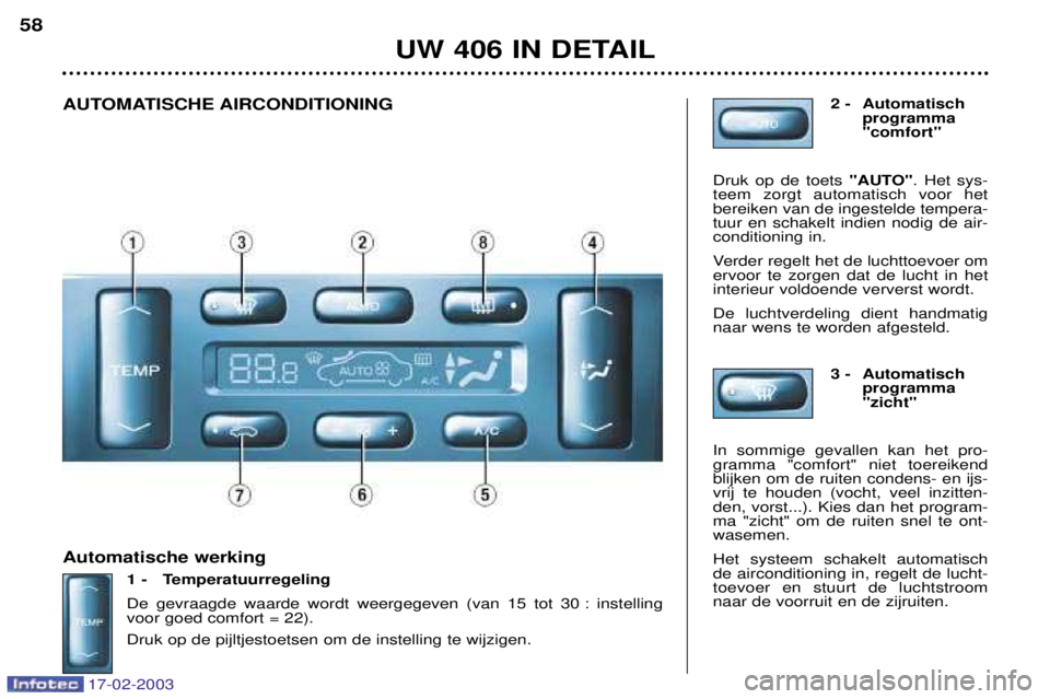 Peugeot 406 2003  Handleiding (in Dutch) 17-02-2003
Automatische werking1 - Temperatuurregeling 
De gevraagde waarde wordt weergegeven (van 15 tot 30 : instelling voor goed comfort = 22). Druk op de pijltjestoetsen om de instelling te wijzig