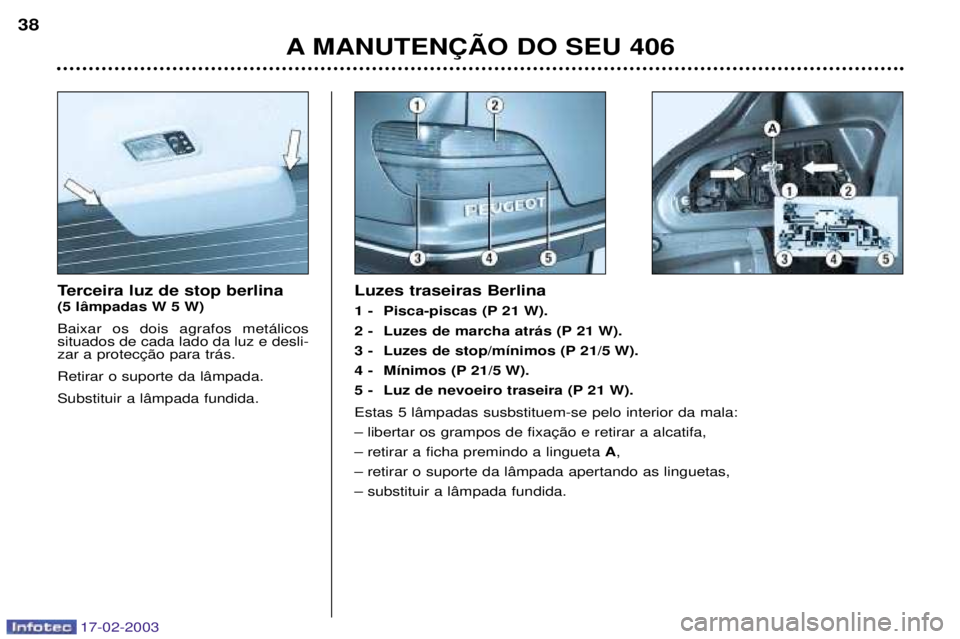 Peugeot 406 2003  Manual do proprietário (in Portuguese) 17-02-2003
Terceira luz de stop berlina (5 l‰mpadas W 5 W) Baixar os dois agrafos met‡licos situados de cada lado da luz e desli- Retirar o suporte da l‰mpada.Substituir a l‰mpada fundida.Luze