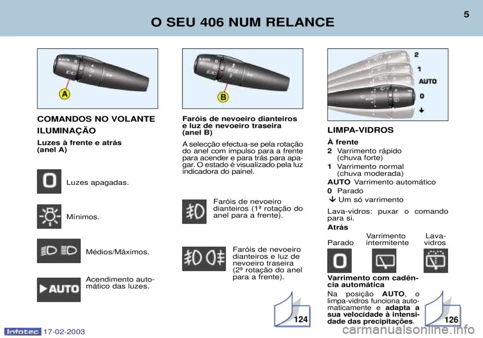 Peugeot 406 2003 Manual do proprietário (in Portuguese) cia autom‡tica
AUTO, o
limpa-vidros funciona auto-maticamente e adapta a
sua velocidade ˆ intensi- .
Far—is de nevoeiro dianteiros e luz de nevoeiro traseira (anel B)
A do anel com impulso p Peugeot 406 2003 Manual do proprietário (in Portuguese) cia autom‡tica
AUTO, o
limpa-vidros funciona auto-maticamente e adapta a
sua velocidade ˆ intensi- .
Far—is de nevoeiro dianteiros e luz de nevoeiro traseira (anel B)
A do anel com impulso p