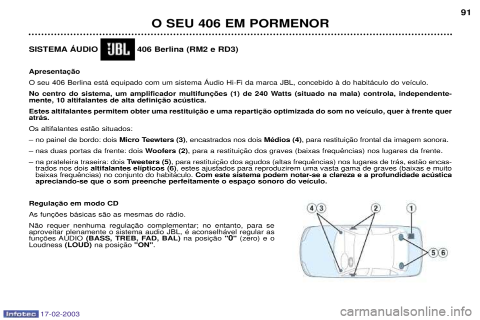 Peugeot 406 2003  Manual do proprietário (in Portuguese) 17-02-2003
SISTEMA çUDIO  406 Berlina (RM2 e RD3)  O seu 406 Berlina est‡ equipado com um sistema çudio Hi-Fi da marca JBL, concebido ˆ do habit‡culo do ve’culo. 
   atr‡s. Os altifalantes 