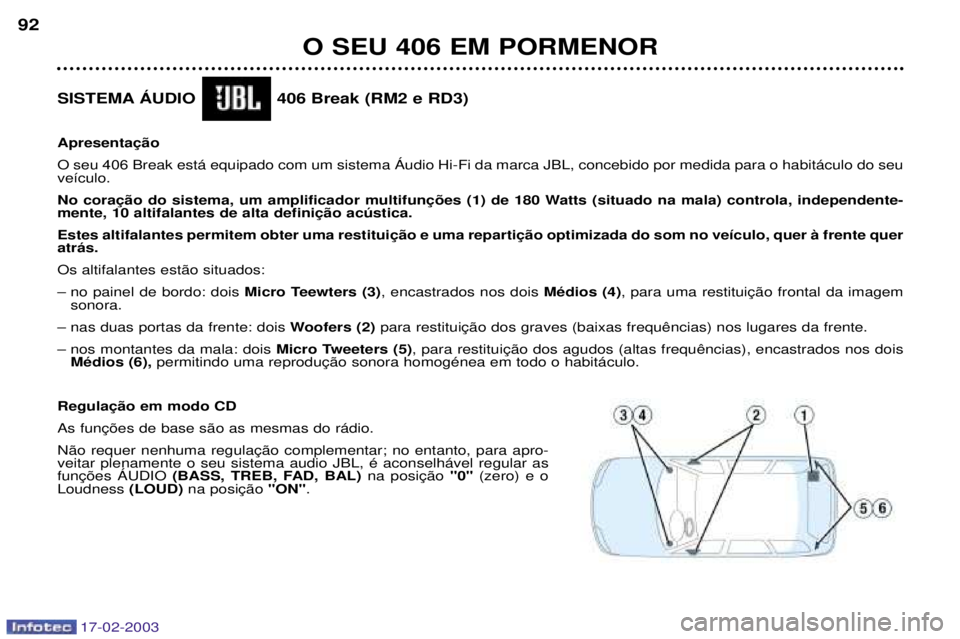 Peugeot 406 2003  Manual do proprietário (in Portuguese) 17-02-2003
O SEU 406 EM PORMENOR
92
SISTEMA çUDIO 406 Break (RM2 e RD3)  O seu 406 Break est‡ equipado com um sistema çudio Hi-Fi da marca JBL, concebido por medida para o habit‡culo do seu ve