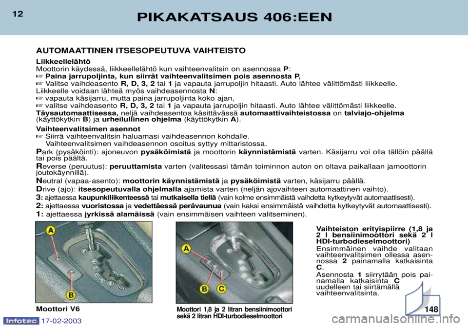 Peugeot 406 2003  Omistajan käsikirja (in Finnish) 17-02-2003
LiikkeellelŠhtš Moottorin kŠydessŠ, liikkeellelŠhtš kun vaihteenvalitsin on asennossa P:
 Paina jarrupoljinta, kun siirrŠt vaihteenvalitsimen pois asennosta P,
 Valitse vaihdeasent