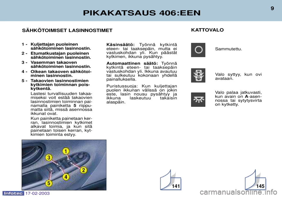 Peugeot 406 2003  Omistajan käsikirja (in Finnish) 17-02-2003
141
PIKAKATSAUS 406:EEN
9
KATTOVALOSammutettu. 
Valo syttyy, kun ovi avataan.
Valo palaa jatkuvasti,kun avain on  A-asen-
nossa tai sytytysvirta
on kytketty.
KŠsinsŠŠtš:
TyšnnŠ kytkin