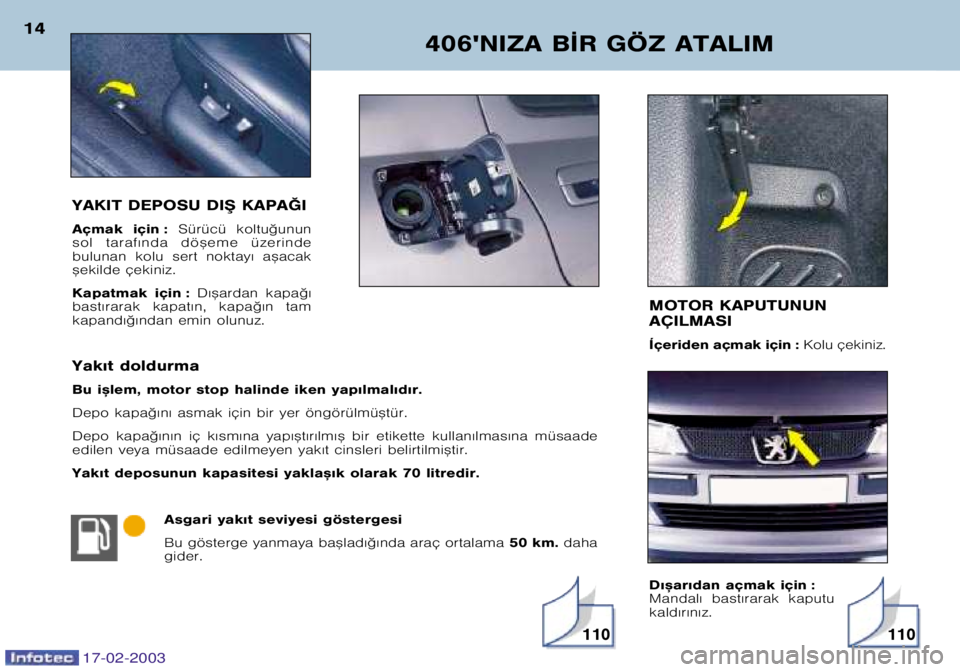 Peugeot 406 2003  Kullanım Kılavuzu (in Turkish) 17-02-2003
YAKIT DEPOSU DI® KAPA†I 
Açmak  için :Sürücü  koltu©unun
sol  taraf€nda  dö™eme  üzerinde 
bulunan  kolu  sert  noktay€  a™acak
™ekilde çekiniz. 
Kapatmak  için : D�