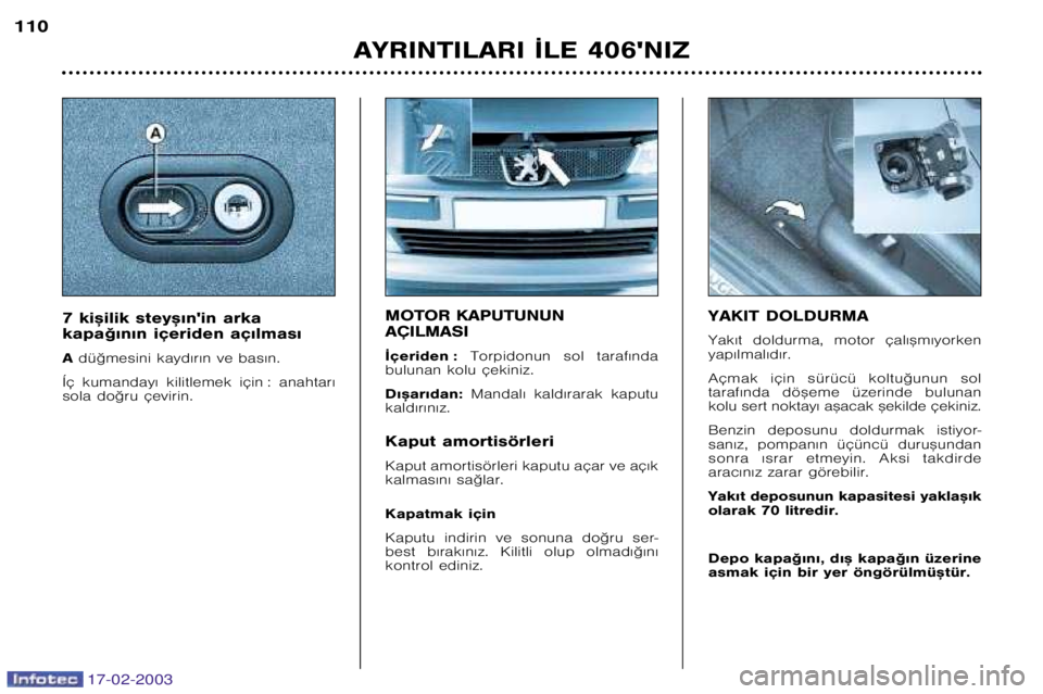 Peugeot 406 2003  Kullanım Kılavuzu (in Turkish) 17-02-2003
MOTOR KAPUTUNUN  AÇILMASI 
¬çeriden :Torpidonun  sol  taraf€nda
bulunan kolu çekiniz.D€™ar€dan: Mandal€  kald€rarak  kaputu
kald€r€n€z. 
Kaput amortisörleri 
Kaput am