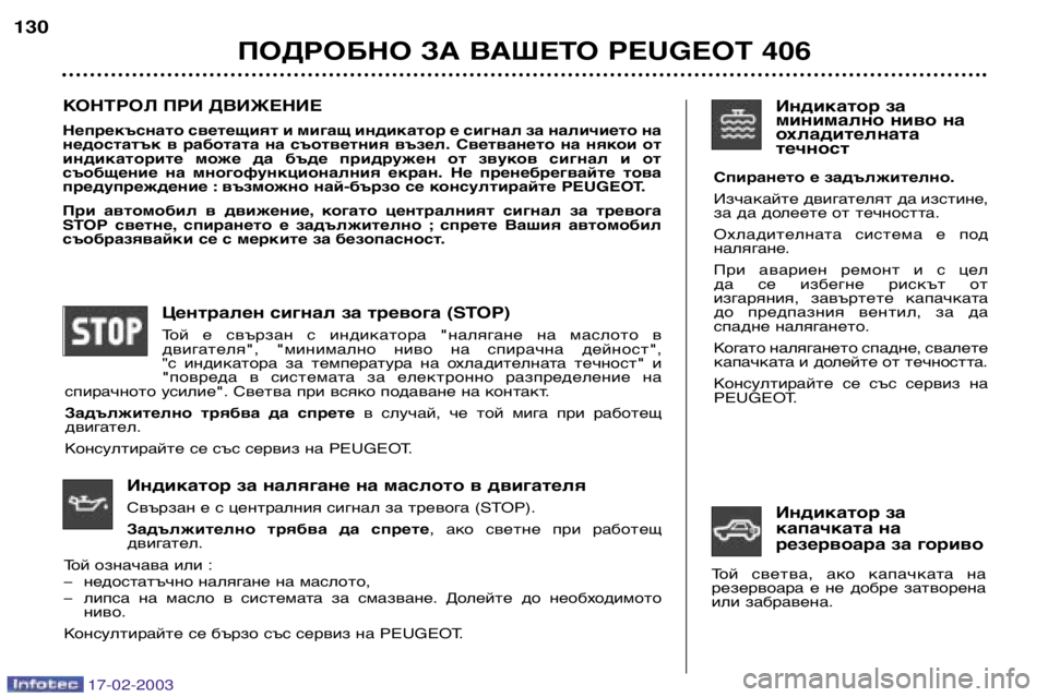 Peugeot 406 2003  Ръководство за експлоатация (in Bulgarian) 17-02-2003
КОНТРОЛ ПРИ ДВИЖЕНИЕ 
Непрекъснато светещият и мигащ индикатор е сигнал за наличието на 
недостатък  в  