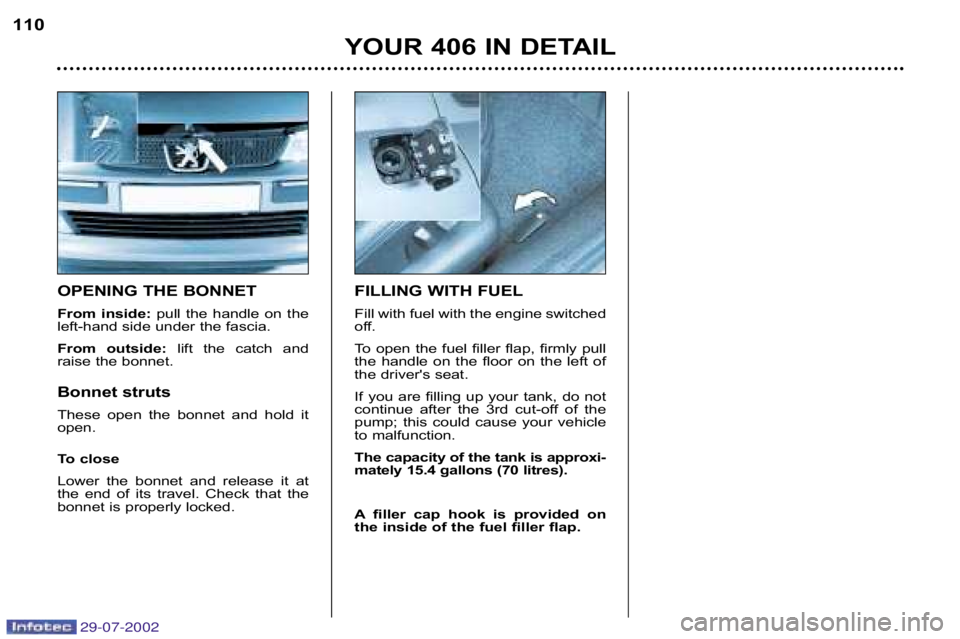 Peugeot 406 2002.5  Owners Manual 29-07-2002
OPENING THE BONNET 
From  inside:pull  the  handle  on  the
left�hand side under the fascia. 
From  outside: lift  the  catch  and
raise the bonnet. 
Bonnet struts 
These  open  the  bonnet