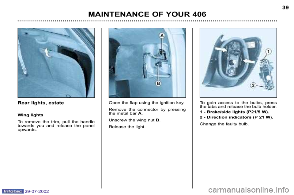 Peugeot 406 2002.5  Owners Manual 29�07�2002
Rear lights, estate 
Wing lights 
To  remove  the  trim,  pull  the  handle 
towards  you  and  release  the  panel
upwards.Open the flap using the ignition key. 
Remove  the  connector  by
