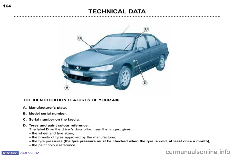 Peugeot 406 2002.5  Owners Manual TECHNICAL DATA
164
THE IDENTIFICATION FEATURES OF YOUR 406 
A. Manufacturers plate. 
B. Model serial number.
C. Serial number on the fascia.
D. Tyres and paint colour reference.The  label  Don the dr