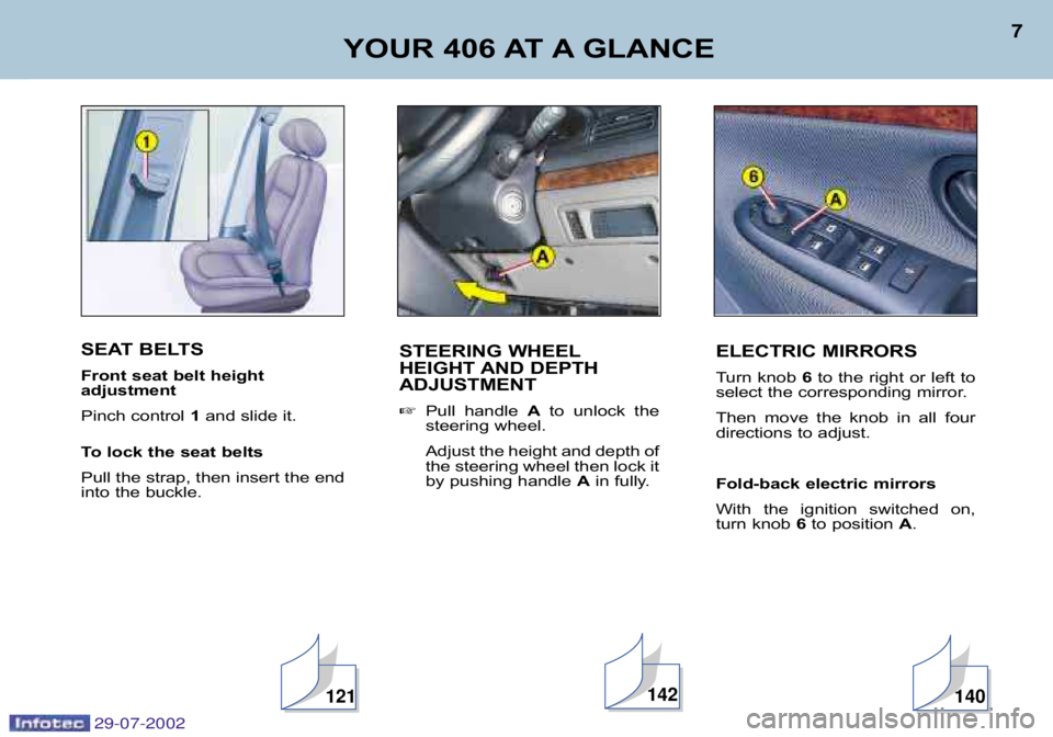Peugeot 406 2002.5  Owners Manual SEAT BELTS 
Front seat belt height  
adjustment 
Pinch control 1and slide it.
To lock the seat belts
Pull the strap, then insert the end 
into the buckle. YOUR 406 AT A GLANCE
7
STEERING WHEEL 
HEIGHT