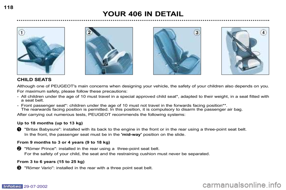 Peugeot 406 2002.5  Owners Manual 29-07-2002
YOUR 406 IN DETAIL
118
CHILD SEATS 
Although one of PEUGEOTs main concerns when designing your vehicl e, the safety of your children also depends on you.
For maximum safety, please follow 